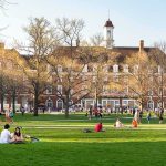 5 Shot Outside Virginia State University Dorms Students relaxing on a campus quad in front of a brick academic building
