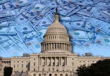 United States Capitol building with overlay of hundred-dollar bills