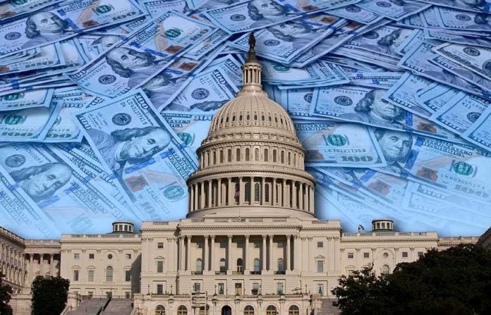 shutterstock_1129844936 United States Capitol building with overlay of hundred-dollar bills