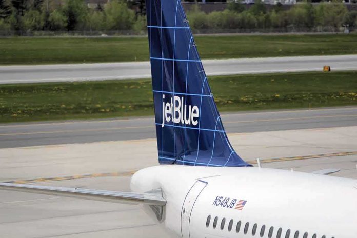 jetBlue airplane tail on airport tarmac