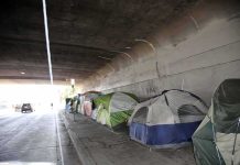 Stolen Voter IDs Fuel Skid Row Scam Tents lined up under a concrete overpass