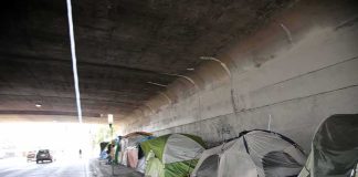 Stolen Voter IDs Fuel Skid Row Scam Tents lined up under a concrete overpass