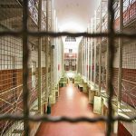Orange Figure Shocks DOJ Story in Epstein’s Cell Prison cellblock corridor viewed through metal mesh