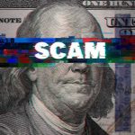 $25 Payment Caught on Undercover Video Draws DOJ Attention Close-up of a U.S. hundred-dollar bill with glitch effect and the word scam