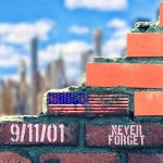 9/11 Didn’t End—It Rewired America Brick wall with American flag and memorial text against city skyline