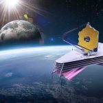 New Telescope Targets Invisible Universe space telescope with gold hexagonal mirror orbiting above Earth