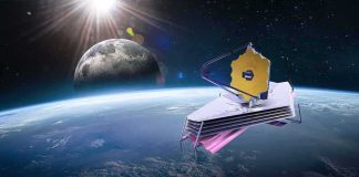 New Telescope Targets Invisible Universe space telescope with gold hexagonal mirror orbiting above Earth