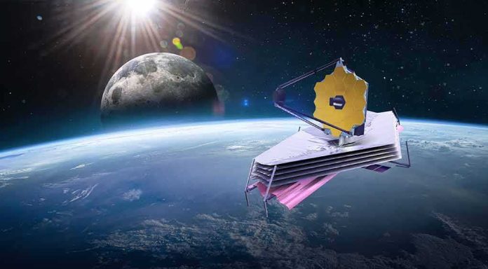 shutterstock_2089001365 space telescope with gold hexagonal mirror orbiting above Earth