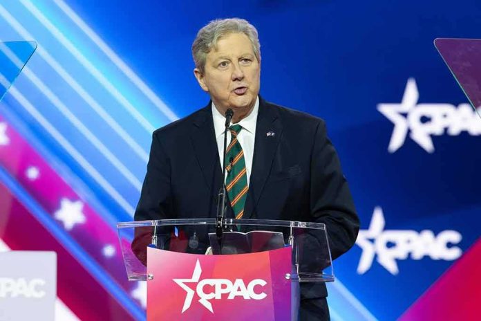 shutterstock_2269917033 John Neely Kennedy speaking at a podium on a CPAC stage