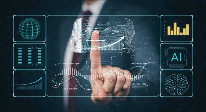 Businessperson touching virtual AI and data analytics interface