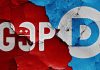 Iran War Starts Splitting Trump’s Own Party Political party symbols on cracked red and blue wall