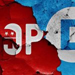 Iran War Starts Splitting Trump’s Own Party Political party symbols on cracked red and blue wall