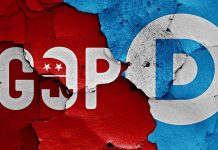 Iran War Starts Splitting Trump’s Own Party Political party symbols on cracked red and blue wall
