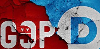 Iran War Starts Splitting Trump’s Own Party Political party symbols on cracked red and blue wall