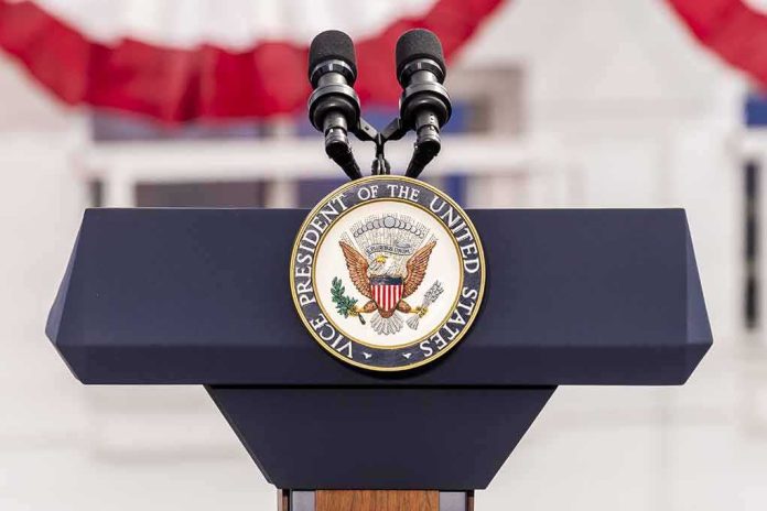 podium with microphones and U.S. vice presidential seal