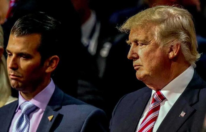 shutterstock_794560465 Donald Trump and Donald Trump Jr. standing side by side at an event