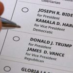 2 Dan Sullivans on the Same Senate BALLOT Hand holding pen near presidential election ballot.
