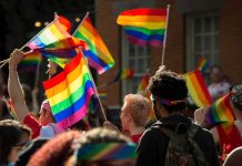 School Makes BOLD ‘LGBTQ+’ October Declaration Bear Pascoe at a pride parade holding a rainbow flag among a cheering crowd