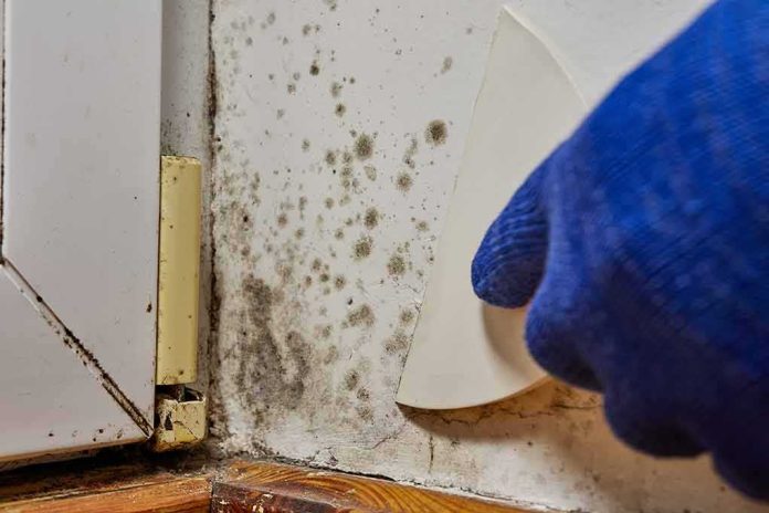 shutterstock_2072512160 Gloved hand scraping mold from wall corner near window frame