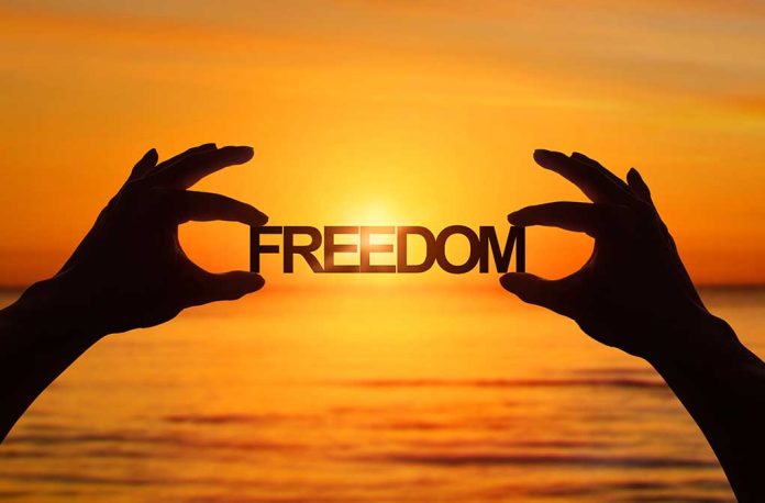 Silhouette,,Close,Up,Hand,Holding,Freedom,Text,With,Blurred,Sea