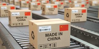 Boxes labeled made in China on conveyor belts.