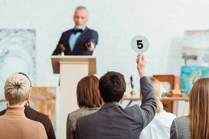 1657604122 featured image Person bidding at an auction holding number five.