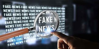 Magnifying glass over fake news repeated text