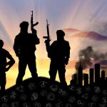 Three armed silhouettes near a smoky city skyline