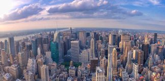 Aerial view of a bustling city skyline