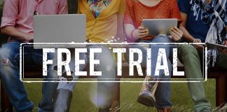 People sitting with laptops free trial text overlay