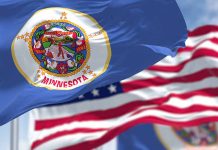 Minnesota state flag with American flag in background