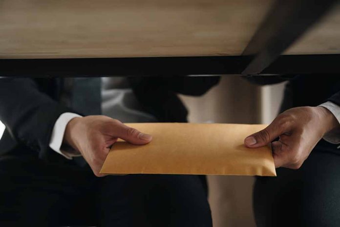 2288891885 featured image Two people exchanging envelope under table