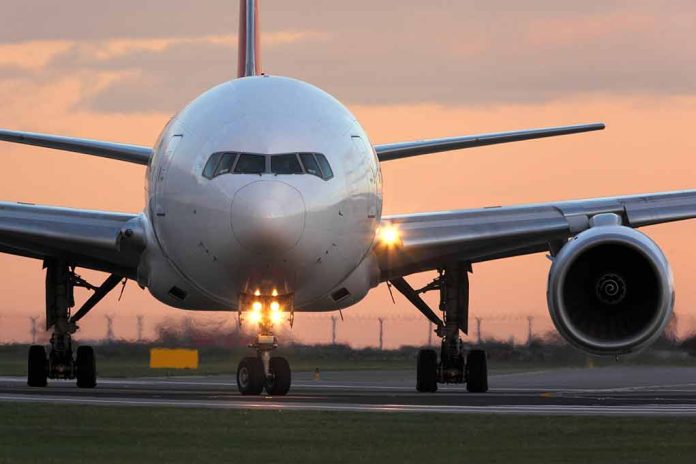 555148006 featured image Airplane on runway during sunset lights on