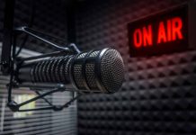 Microphone in studio with On Air sign