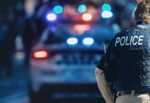 Police officer with patrol car and flashing lights