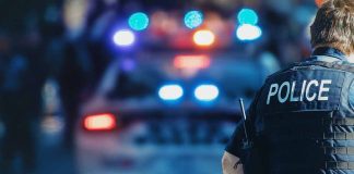 Police officer with patrol car and flashing lights