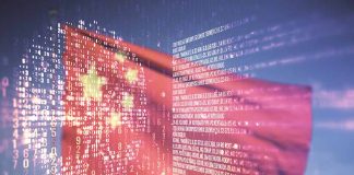 Chinese flag over digital code background