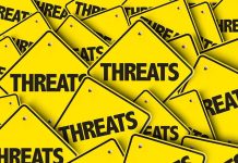 Yellow warning signs with the word THREATS