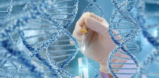 Hands with pipette and test tube surrounded by DNA strands