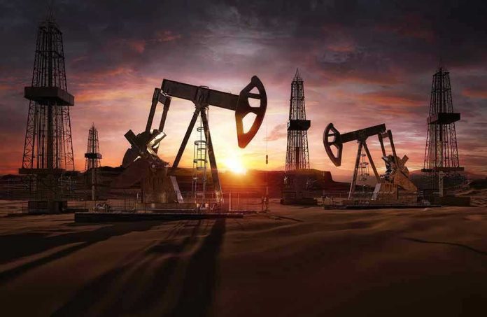 1667830870 Oil rigs operating at sunset in a desert landscape