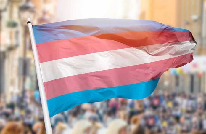 2035493339 Transgender pride flag waving at outdoor event
