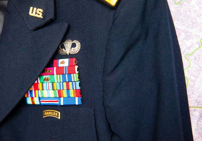 Military jacket with ribbons and badges displayed