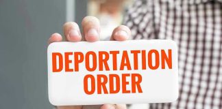 Hand holding sign with "Deportation Order" text.
