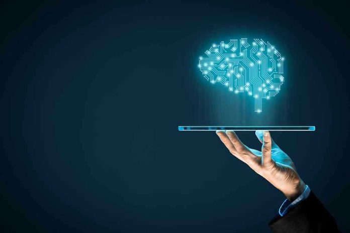776025448 Hand holding tablet projecting digital brain hologram.