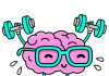 Brain lifting dumbbells with sweat and wearing glasses