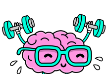 Brain lifting dumbbells with sweat and wearing glasses