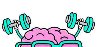 Brain lifting dumbbells with sweat and wearing glasses