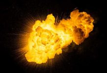 Bright vfiery explosion against a dark background