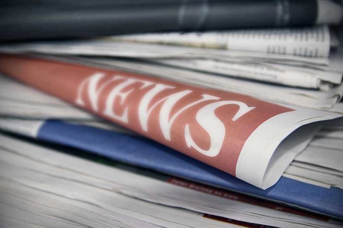 568781608 Stack of newspapers with "NEWS" headline visible.