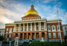 Building with golden dome and columns.